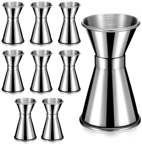 Hoteam 9 Pieces Stainless Steel Jigger for Bartending 1 and 1/2 oz Cocktail Jigger Shot Measuring Cup 15ml and 30ml Japanese Style Double Jigger Bartender Bar Supplies, Round Rim and Thin Waist