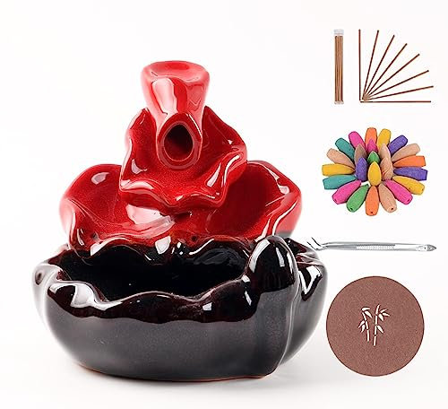 Bruciatore di incenso a riflusso Porta incenso a cascata per decorazioni per la casa Ornamento per aromaterapia con 30 Coni di incenso, (Rosso)