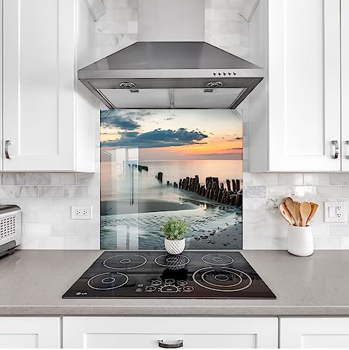 Myphotostation.com 20x20'' Tempered Glass Sea View Backsplash Design Cooker Wall Backsplash Panel Glass Splashback For Kitchen Panel Design Sunset Beach Splashback
