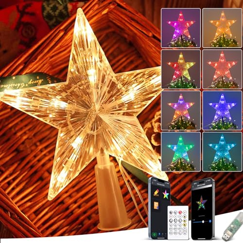 Christmas Tree Topper Star Crystal, Color Changing Christmas Tree Decorations with 80 Modes, APP & Remote Control, for Home Bar Garden USB Xmas Tree New Year Holiday Decoration