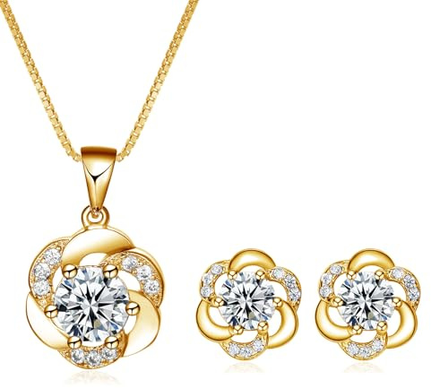 Josfeva Schmuckset Silber 925, Silber Schmuck Set für Damen, Blumen Halskette & Ohrstecker Set mit Weiß Zirkonia, Gold Halskette mit Blumen Anhänger & Ohrstecker mit Geschenkbox zum Geburtstag