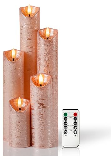 WinsTime LED-Kerzen Flammenlose Kerzen mit Fernbedienung Timer Funktion, Batteriekerzen, Rosa LED Stabkerzen, tanzender Flamme, echtem Wachs, 5er-Set