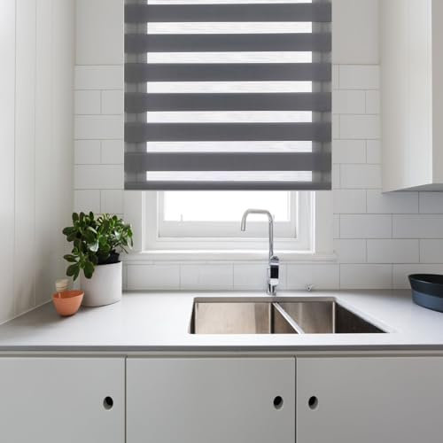 Duo Rollo ohne Bohren 40 x 250 cm Einfache Installation, Sonnenschutz Zebrarollo Seitenzugrollo Größe und Farbe wählbar für Fenster & Tür, Dunkelgrau