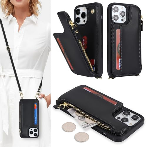 SailorTech Handyhülle für iPhone 13 Pro Max Etui mit Kartenfach, iPhone 13 Pro Max Hülle mit Verstellbarer Halskette, iPhone 13 Pro Max Handytasche mit Reißverschluss Geldbörse - Schwarz