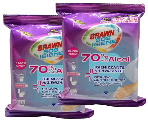 Salviette Detergenti Igienizzanti Superfici, SOS IGIENE, 70% vol.Alcol, Rimuove Germi e Batteri, Tessuto Biodisgregante (Confezione Da 16 Panni) (2 Confezioni)