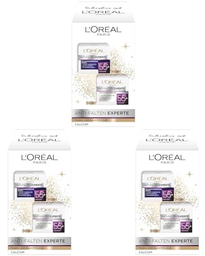 L'Oréal Paris feuchtigkeitsspendendes Pflegeset, Anti-Aging Tages- & Nachtcreme zur Minderung von Falten, Anti-Falten Experte 55+, 2 x 50 ml (Packung mit 3)