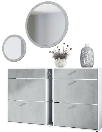 Vladon Garderoben-Set Florence mit Schuhschrank und 2 Wandspiegel, Made in Germany, Weiß matt/Beton Oxid Optik