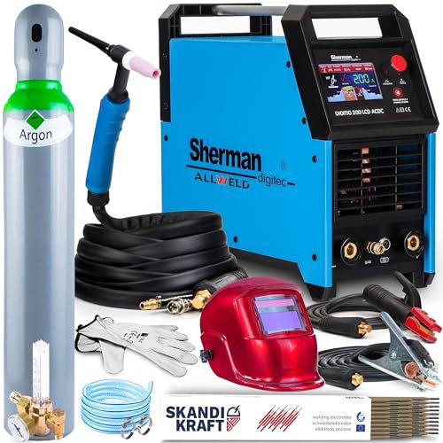 Sherman DIGITIG 200 LCD - 200A HF-Zündung WIG Schweißgerät AC DC mit MMA-Modus und Pre Flow, Post Flow und Speichern von Einstellungen - IGBT-Inverter-Technologie - Set Professional Plus