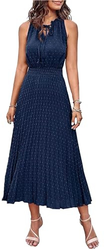 DGCUPODE Ärmellose Swiss Dot Kleider für Frauen Trägerloses Kleid mit V-Ausschnitt und Falten Hochzeitsgast Strand Maxikleider (Dunkelblau,L)