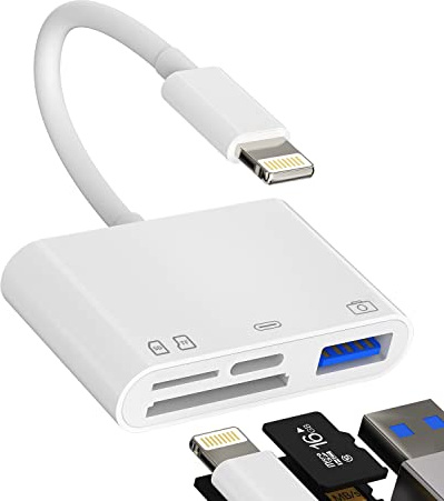 Lecteur de carte Lightning SD Adaptateur USB (4 en 1) OTG 3.0 pour appareil photo numérique Carte mémoire Micro SD TF Lecteur de cartes pour iPhone 14 13 Câble de charge pour Apple MFI Certifié pour