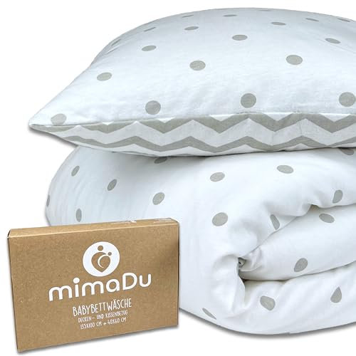 mimaDu - Baby Bettwäsche Set aus Baumwolle (Oeko-Tex100) 100 x 135 cm - Kinderbettwäsche aus Kissenbezug und Deckenbezug für Jungen, Mädchen - Bettbezug für Babybett, Kinderbett (Grau 1)