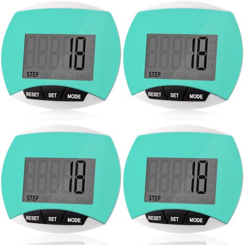 Copkim Lot de 4 podomètres simples pour la marche des pas et des kilomètres, compteurs LCD, podomètres portables à clipser pour femmes âgées, jogging, randonnée, course à pied, marche (vert)