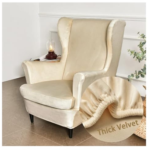 WJHDWYD 2-Piece Stretch Velvet Wingback Chair Cover Armchair Cover with T-Cushion Cover, Solid Color Fashion Non-Slip Armchair Cover for Strandmon,Bedroom(Beige)
