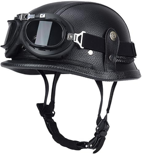 RCGNR Motorcykelhalvhjälm i tysk stil för vuxna män kvinnor, vintage motorcykelhjälmar med halvansikte + glasögon för Cruiser Scooter Chopper, DOT-godkänd,Black 01,M