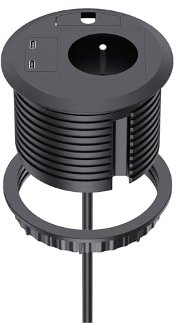 Dinolink Einbausteckdose mit USB C PD20W, Einbau-Steckdosenleiste mit 1 Steckdose, 2 USB-C-Anschlüsse, Schreibtisch-Mehrfachsteckdose für Arbeitsplatte, Küche, Büro, Möbel, Ø 80 mm, 2 m Kabel, Schwarz