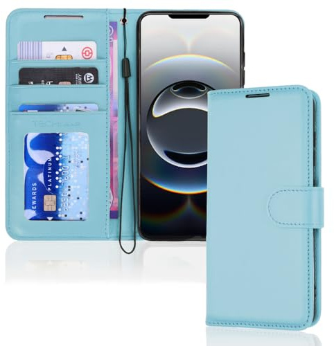 TECHGEAR iPhone 16e Läderplånboksfodral, skyddande flipfodral [RFID-blockering] korthållare, stativ – ljusblå PU-läder med magnetisk stängning