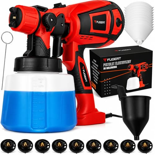 FUGERT Farbsprühsystem 750W, HVLP Farbsprühgerät elektrisch für Wandfarbe, Holz, Möbel, Türen & Zäune, 1400 ml Behälter, 9 Düsen 0,8–3,0 mm, regulierbarer Sprühstrahl & Farbfluss, bis 80 DIN/s