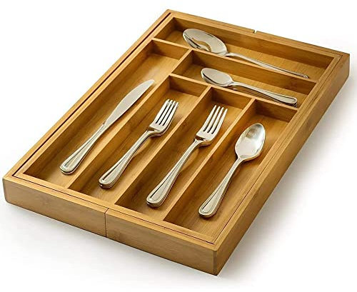 homewell Range-couverts en bambou pour tiroirs, 6 à 8 compartiments, range-couverts extensible en bambou, porte-ustensiles, rangement de tiroir et organisateur de cuisine (couleur bois)