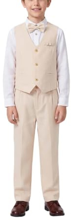 LOLANTA 4 Pièces Costume Garçon Mariage, Lin Gilet Pantalon Vetement Cérémonie Enfant, Tenue en Baptême, Fête d'anniversaire, Beige, 10-11 Ans, 150