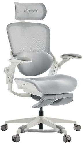 MUSSO E80 MUSE Ergonomisk kontorsstol för kvinnor (liten ram) med 3D-ländryggsstöd, 4D nackstöd och fotstöd, platsbesparande 90° flip-up-armstöd, 135° lutande och myCloud sittdyna