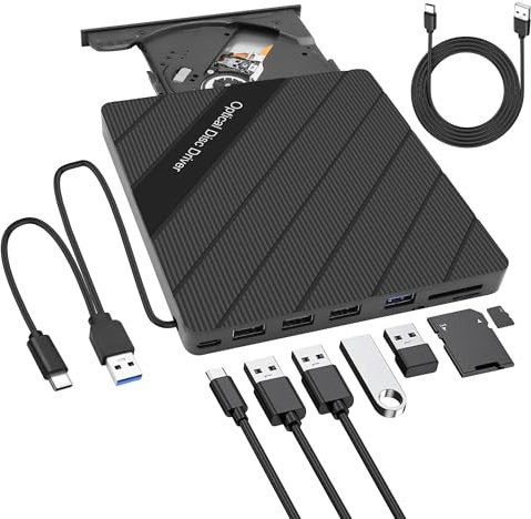 XMSJSIY Unidad de CD/DVD externa para ordenador portátil USB 3.0 tipo C portátil CD/DVD ROM +/-RW grabadora de disco duplicator con USB 3.0/tipo-C/SD/TF tarjetas puertos 8 en 1 para ordenador de