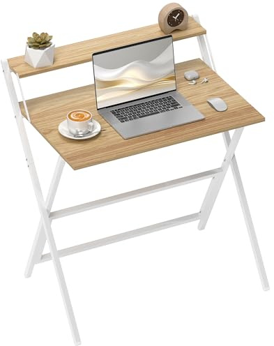 HOMCOM Scrivania Salvaspazio Pieghevole con Ripiano per Monitor, Tavolo per Computer Piccola e Richiudibile da Ufficio e Studio, in Acciaio, 81.5x62x86.5 cm, Color Legno