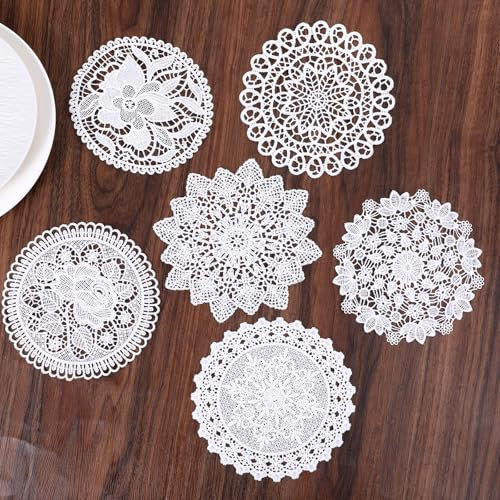 6 PCS White Vintage Cotton Lace Doilies for Tables, Round Lace Table Runner Handmade Crochet Placemats Doilies for Furniture Kitchen Dining Room Dessert Trays Wedding Birthday Party Decoration