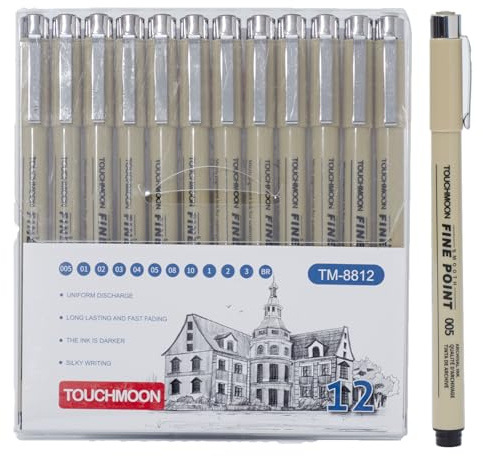 Hopesky 12 Pack Fineliner Drawing Pens – Black Waterproof Micro Line Ink Pens with Assorted Tip Sizes (005 to BR) for Manga, Sketching, Journaling & Technical Illustration