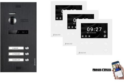 SCHUTZER Balter EVO HD Video-Türsprechanlage Set für 2-4-Familienhaus | 4,3 Touchscreen Monitor mit Wi-Fi + Full-HD Kamera (Schwarz mit Wi-Fi, 3 Familienhause)