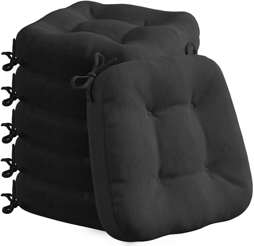Codi Stuhlkissen 40 x 40 cm, 6er-Set, 8 cm dick, Sitzkissen Outdoor | Schwarz, Memory-Foam-Füllung, wasserabweisender Bezug, rutschfester Halt mit Bindebändern, für Gartenstühle und Balkon