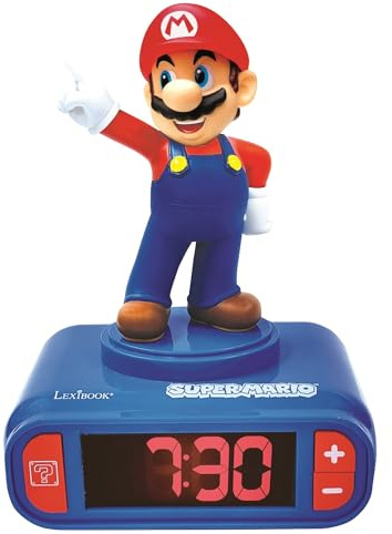 LEXIBOOK Nintendo Super Mario - Reloj Despertador con Pantalla LCD Digital, quitamiedos, Azul/Roja - RL800NILXB