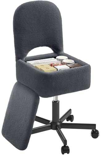 Rolanstar Schminktisch Stuhl mit Stauraum, Schminkstuhl, Höhenverstellbar, 360° Drehbar, Schreibtischstuhl mit Bequemer Klappbarer Rückenlehne, für Schminktisch, Schlafzimmer, Büro (Grau, Größe S)