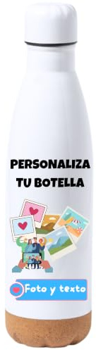 Fresh-KO - Botella Personalizada con Foto y Texto - 750 Ml - Base de Corcho - Botella Personalizada - Tapón Hermético - Botella agua acero inoxidable niños - Botella agua acero inoxidable