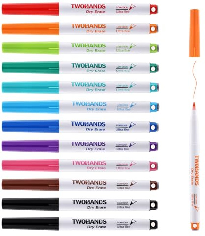 TWOHANDS Paquete de 12 bolígrafos magnéticos para pizarra blanca con borrador, bolígrafos finos de borrado en seco, punta ultrafina, marcadores de pizarra blanca de 0.7 mm, 11 colores, 20659