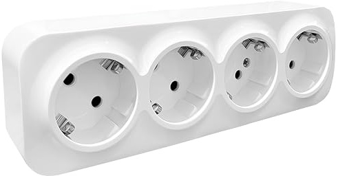 Base Schuko de Superficie con 4 Tomas, Enchufe Cuádruple Schuko para Montaje en Pared, Toma de Corriente para Interior, 16A, 250V, Máx. 3680W, Ideal para Uso Doméstico y Comercial, Blanco