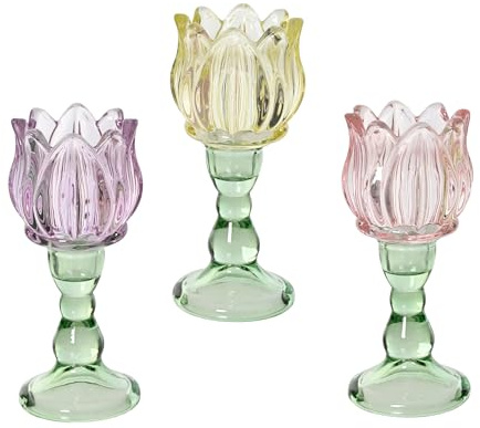 Teelichthalter 7x16cm Glas 1 Stück Sortiert - Teelichtglas im Blumendesign - Glasblume für Teelichter - Kerzenhalter Windlicht - Kerzenglas Tischdeko Hochzeitsdeko - Frühlingsdeko & Osterdeko