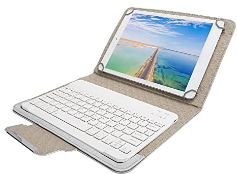 Naroote Universal Bluetooth Keyboard Tablet Cover Set Protective PU Leather Case for 9.7-10.1in Tablets, Keyboard, Suitable for IOS/Tablets and Mobile Phones (10-inch white leather case + white