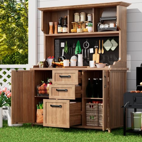 Gartenschrank Massivholz Tannenholz 185 cm hoch – mit 3 Schubladen & Metall-Lochwand, verstellbare Regalböden, wetterfest für Terrasse & Balkon