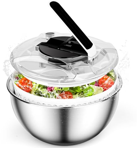 Centrifugador de Ensalada de Acero Inoxidable 4,5L Escurridor Ensalada Escurridor Lechuga Grande Centrifugadora De Verduras con base de Silicona Antideslizante para Lavar Frutas Centrifugar Pastas