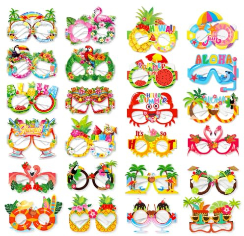 Gafas Fiesta Hawaiana 24 Piezas Tropicales Para Fotos Y Pool Party | 24 gafas fiesta de material resistente, 15,5 x 11,67 cm, para fiesta hawaiana, fotos y pool party