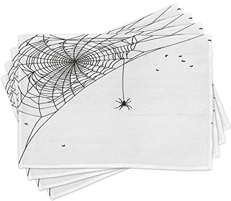 ABAKUHAUS Spinnennetz Platzmatten, Corner Cobweb mit einem hängenden Insekt Hand gezeichnete Art Gothic Design mit Fliegen, Tiscjdeco aus Farbfesten Stoff für das Esszimmer und Küch, Weiß Schwarz