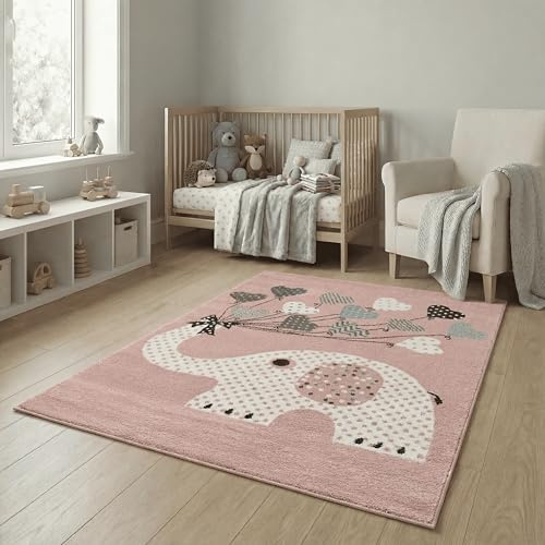Jimri Kinderteppiche Elefant mit Herzen Ballons | Kinderteppich für Mädchen | Teppich für Kinderzimmer | geprüft von Öko-Tex (Größe: 120x170 cm)
