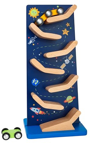 Small Foot 11446 Kaskadenturm Space aus Holz, Murmelturm für kleine Raumfahrer, mit 2 Autos, ab 3 Jahren, mehrfarbig