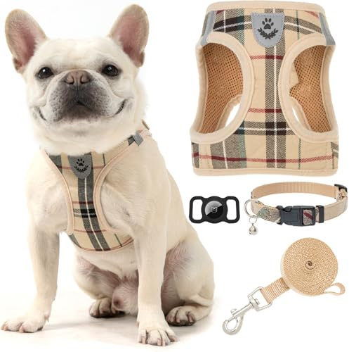 EXPAWLORER Hundegeschirr und Leine, Set mit AirTag-Halter, weich gepolstert, mittelgroß, kein Ziehen, reflektierendes Welpengeschirr, Halsband und Leine zum Spazierengehen, Khaki, Größe S