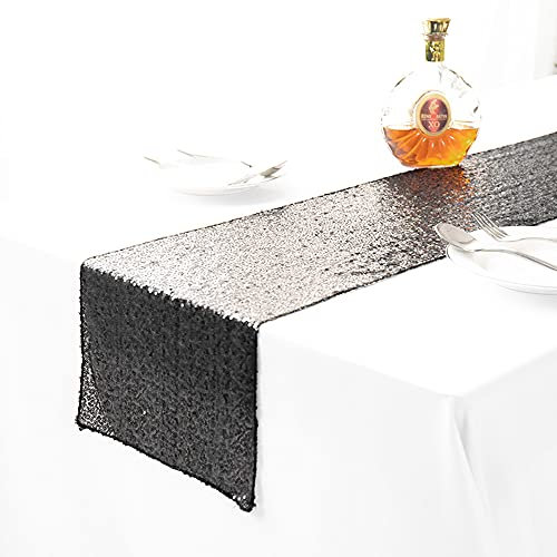 Glitzernder Tischläufer mit runden Pailletten, Tischläufer, Tischdecke für Hochzeit, Weihnachten, Bankett, Party, Esszimmer, Kaffeetisch, Dekoration, 35 x 275 cm, schwarz