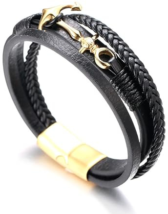 Halukakah ● Segeln ● Herren-Armband Handgefertigt | Echtleder Schwarz | Magnetverschluss Edelstahl | Wickelarmband 3 Runde | Titan Anker | KOSTENLOS Geschenkbox | Größe Einstellbar 21.5cm-23cm