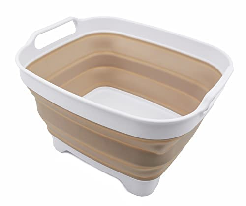 SAMMART 7,5L zusammenklappbare Spülschüssel mit Ablassstopfen – klappbares Waschbecken – tragbare Spülwanne – platzsparend (Weiß/Latte, 1)