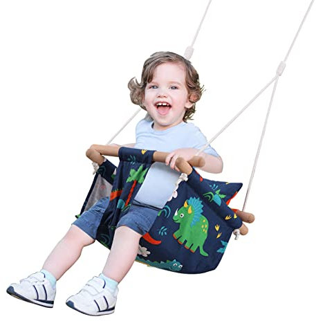 PELLOR Babyschaukel Holz Schaukel für Kinder mit Rückenlehne und Sicherheitsgurt, Cartoon Kinderschaukel Indoor Outdoor, Holzschaukel für Garten Türrahmen Wohnzimmer Balkon, Tragfähigkeit 60 kg