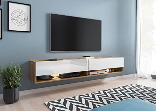 PIASKI Meuble TV Lowboard A 180 cm Meuble TV Flottant Blanc Wotan, éclairage LED en option (sans éclairage LED)