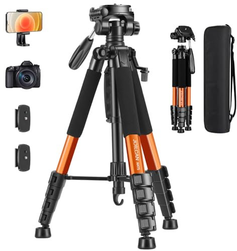 JOILCAN Kamera Stativ, 187cm Fotostativ mit Abnehmbar Kopf, Camera Tripod mit Tragetasche für Canon Nikon DSLR, Aluminium Dreibeinstativ Tragkraft 5kg mit Handyhalterung for Smartphone(Orange)